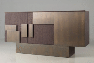 Brown oak book-matched veneered sideboard with satin finish and bronze accents—quiet grain for a luxury yacht interior.