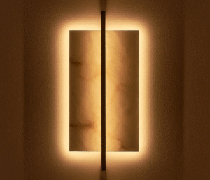 Rectangular alabaster and light-bronze wall sconce by Matlight Milano — warm, dimmable yacht lighting.