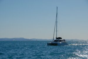 Half day yacht charter Cannes seating — flybridge and cockpit layout showing shaded seats for 8–12 guests.