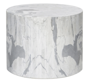 Lightweight Carrara marble cylinder coffee table, thin-stone on honeycomb core—quiet, yacht-safe surface by Dimarmo.