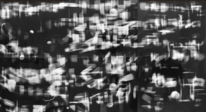 Black-and-white abstract cityscape print by Michael G. Jackson with blurred geometric lights