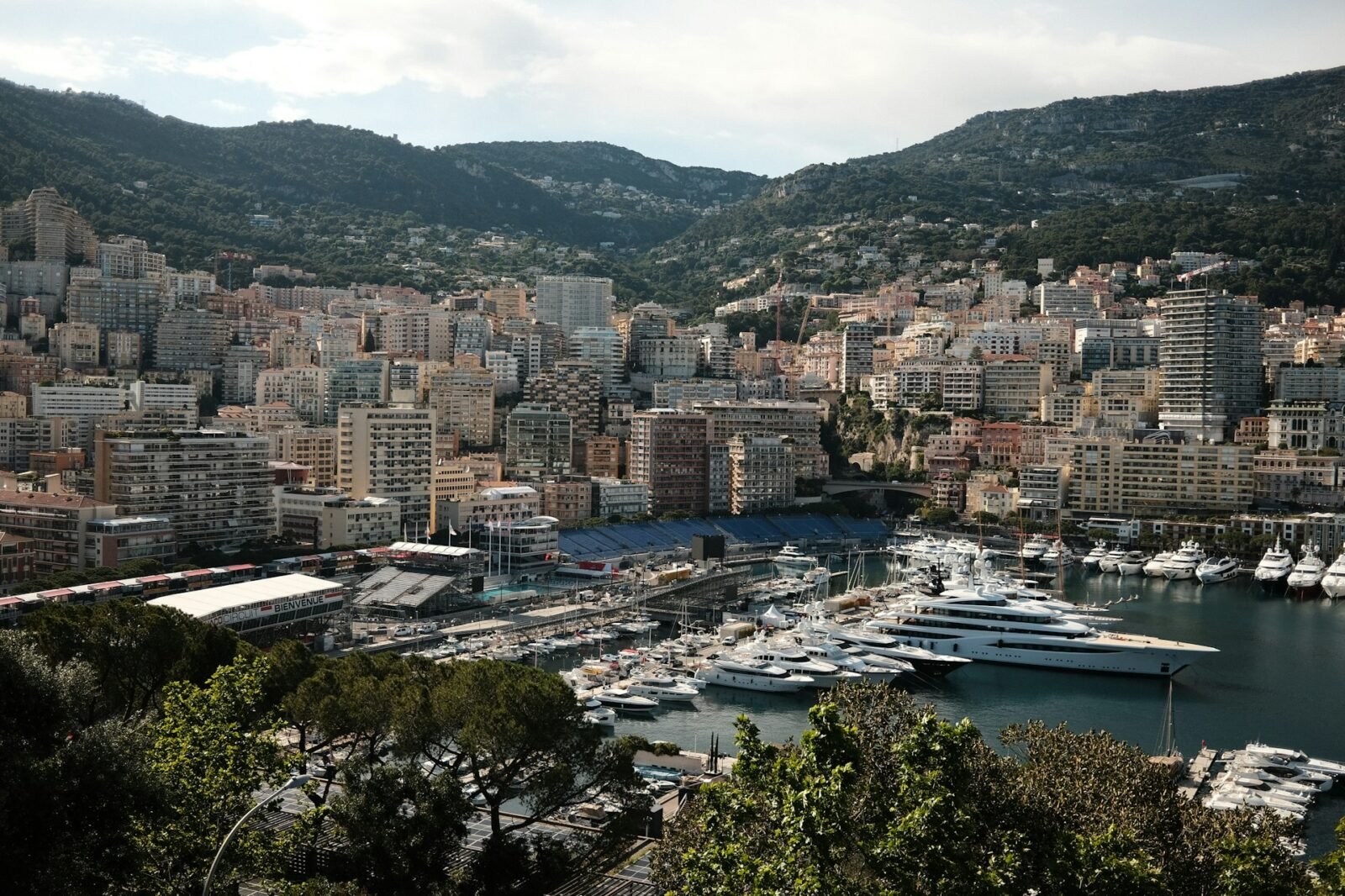 Port Hercule, Monaco, with superyachts at berth beneath the Monte-Carlo skyline