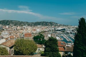 Panoramic view over Cannes with Vieux Port and the marina, looking toward Port Canto