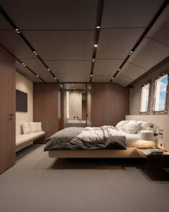 Luxury yacht interiors in the owner’s cabin of Sanlorenzo SL110A, highlighting craftsmanship, muted textures, and calm spatial design