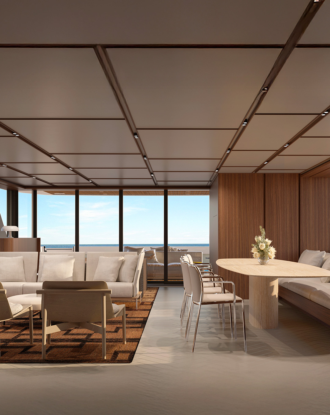 Luxury yacht interiors on Sanlorenzo SL110A showcasing refined materials, quiet craftsmanship, and balanced proportions