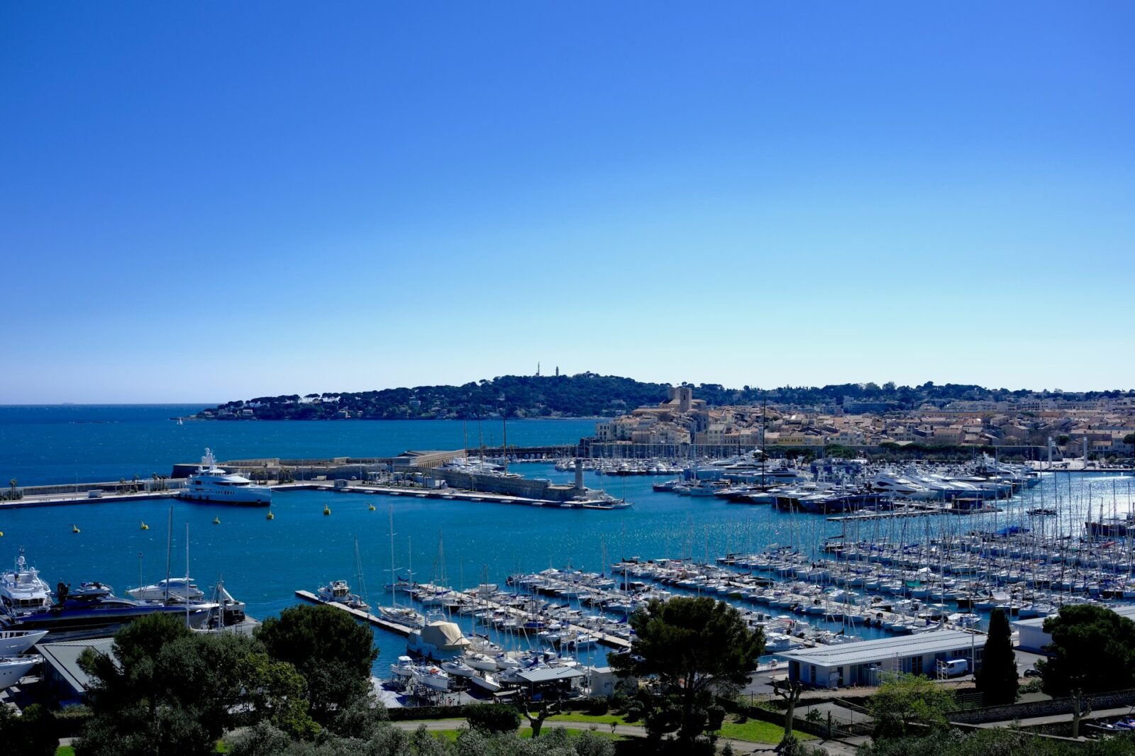 Port Vauban in Antibes with yachts and marina berths on a clear blue day