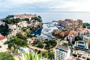 Aerial view of Port Hercule showing superyacht berths and Monaco’s central harbour