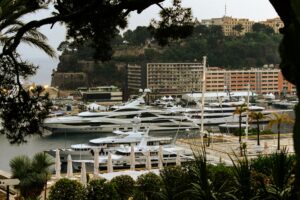 Superyachts moored closely together at Port Hercule, Monaco during peak season