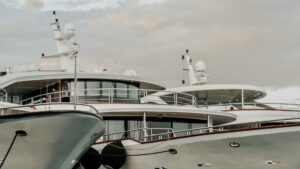 close-up of superyacht deck and hull showing structural layout and circulation flow