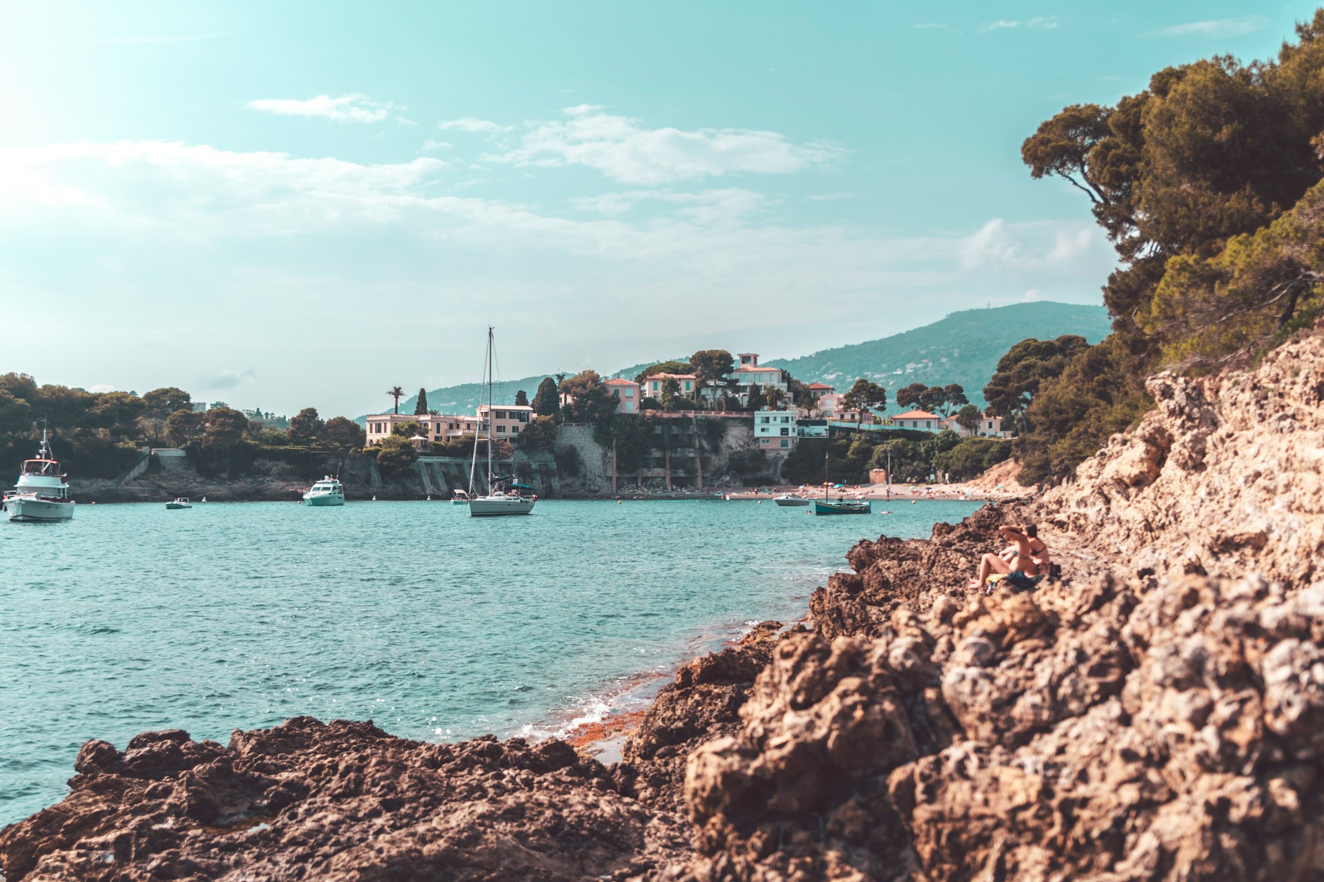 Rocky cove and coastal villas on Cap d’Antibes along the French Riviera