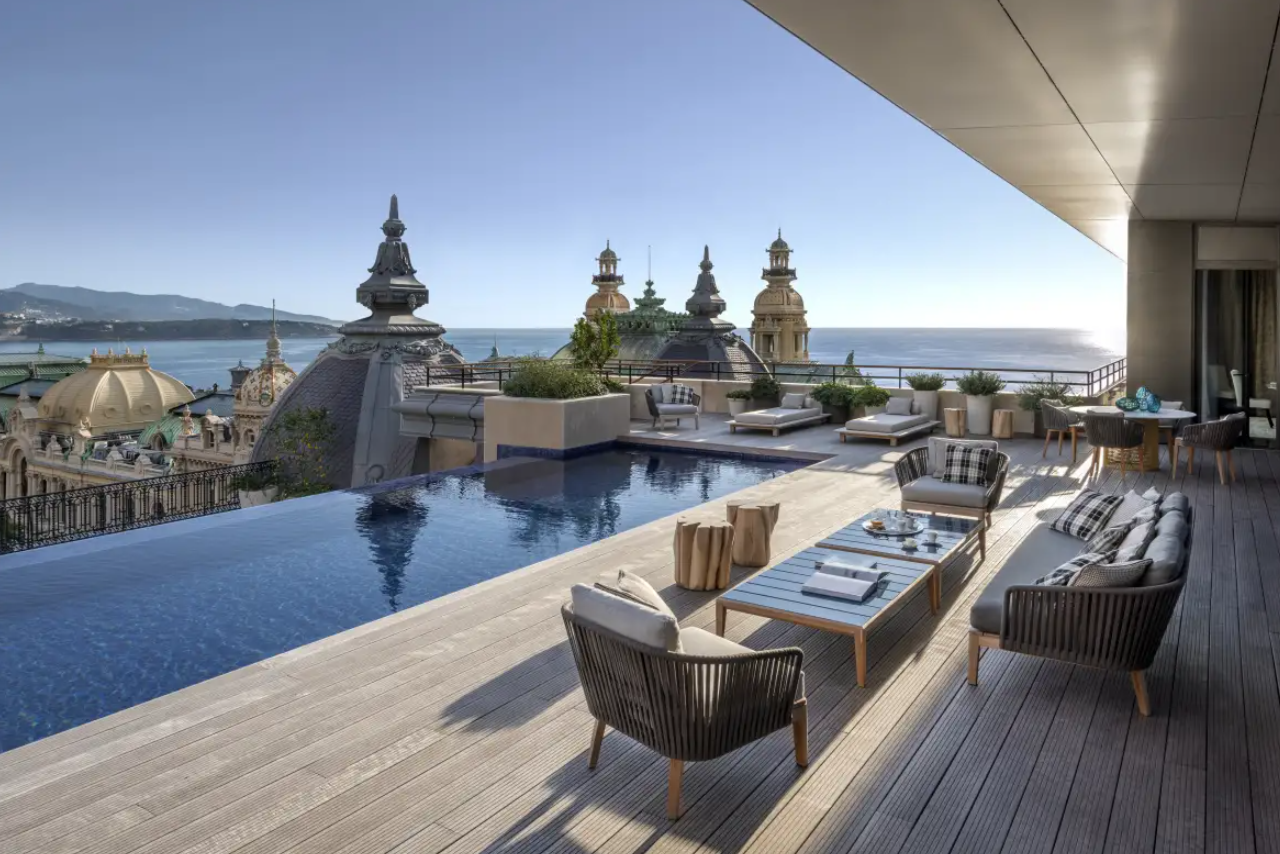 Terrace suite at Hôtel de Paris Monte-Carlo overlooking the Casino domes and Mediterranean Sea