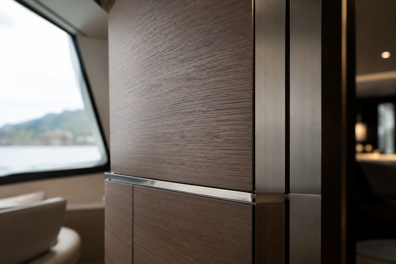 Luxury yacht joinery detail showing wood panel alignment and brushed metal transitions