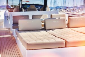 Marine-grade material leather seating on a luxury yacht designed to withstand sunlight, moisture, and daily use.